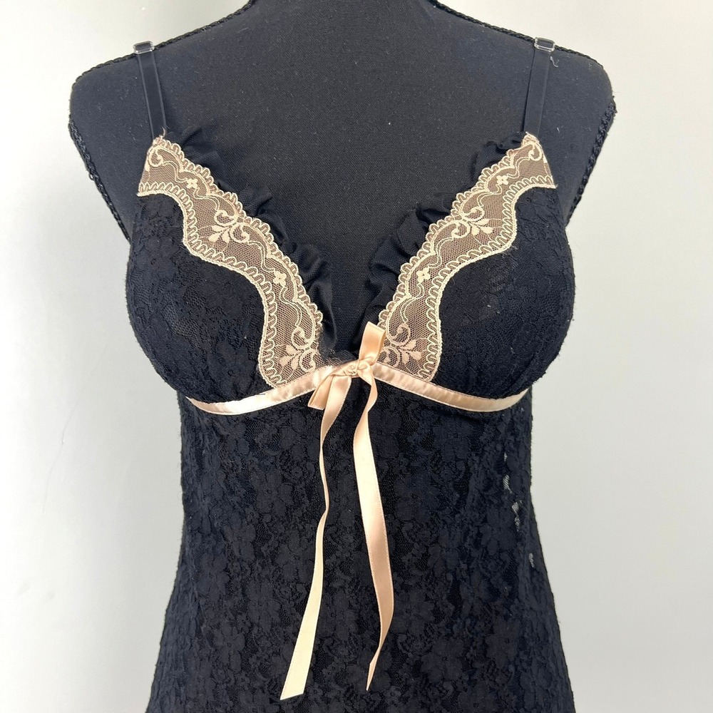 Linea Donatella Black Lace Chemise Babydoll Nightgown M Lingerie Coquette Bridal - Picture 2 of 7